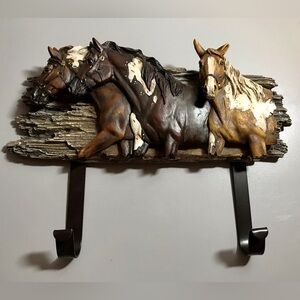 Vintage Resin Horses Wall Hanger w/2 Metal Hooks